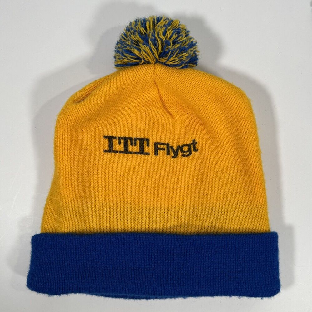 ITT Flygt Pumps Beanie Cap Hat Gold Blue VTG Pom Winter Soft Knit One Size